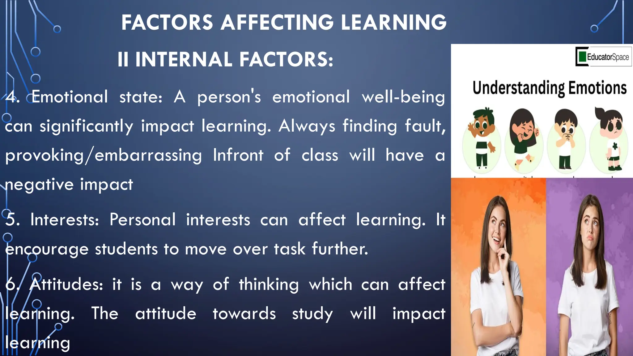 FACTORS AFFECTING LEARNING
II INTERNAL FACTORS:
4. Emotional state: A person's emotional well-being
can significantly impact learning. Always finding fault,
provoking/embarrassing Infront of class will have a
negative impact
5. Interests: Personal interests can affect learning. It
encourage students to move over task further.
6. Attitudes: it is a way of thinking which can affect
learning. The attitude towards study will impact
learning
 