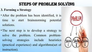 STEPS OF PROBLEM SOLVING
3. Forming a Strategy
•After the problem has been identified, it is
time to start brainstorming potential
solutions.
•The next step is to develop a strategy to
solve the problem. Common problem-
solving strategies include heuristics
(practical experience) and algorithms(set of
instruction).
 