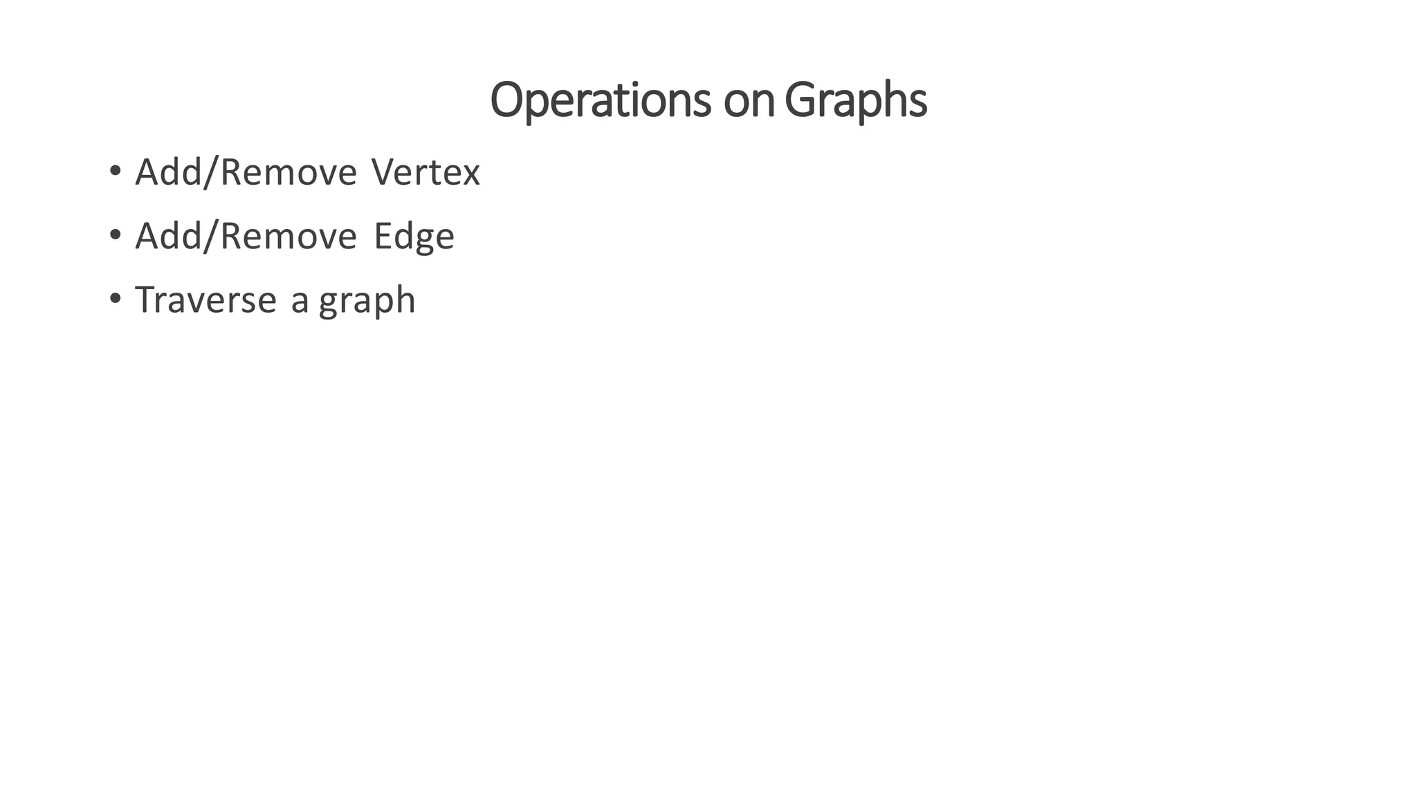 Operations onGraphs
• Add/Remove Vertex
• Add/Remove Edge
• Traverse a graph
 