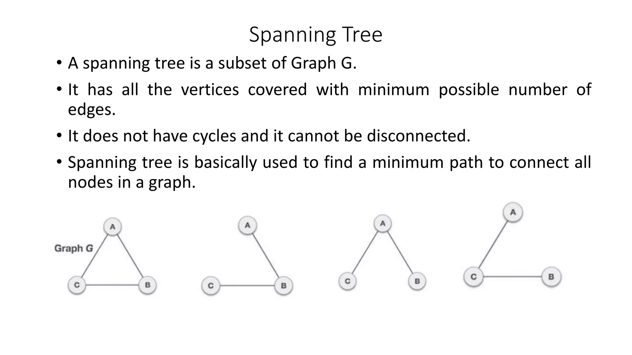 Spanning Tree
• A spanning tree is a subset of Graph G.
• It has all the vertices covered with minimum possible number of
edges.
• It does not have cycles and it cannot be disconnected.
• Spanning tree is basically used to find a minimum path to connect all
nodes in a graph.
 