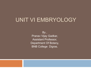 UNIT VI EMBRYOLOGY
By ,
Pranav Vijay Gadkar,
Assistant Professor,
Department Of Botany,
BNB College Digras.
 