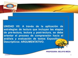 UNIDAD VII: A través de la aplicación de estrategias de lectura que incluyan las etapas de pre-lectura, lectura y post-lectura, se debe orientar el proceso de comprensión hacia el análisis y evaluación de textos Expositivos–Descriptivos: ARGUMENTATIVO. PROFESORA: BELKYS MEZA25/04/20104