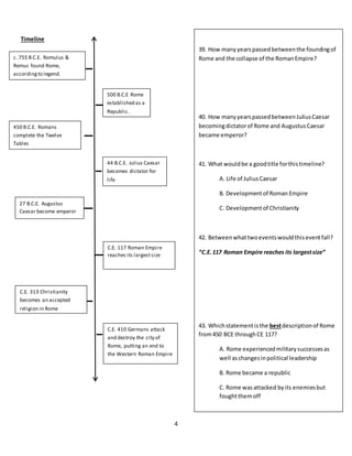 4
Timeline
c. 755 B.C.E. Romulus &
Remus found Rome,
accordingto legend.
C.E. 410 Germans attack
and destroy the city of
Rome, putting an end to
the Western Roman Empire
500 B.C.E Rome
established as a
Republic.
C.E. 313 Christianity
becomes an accepted
religion in Rome
450 B.C.E. Romans
complete the Twelve
Tables
27 B.C.E. Augustus
Caesar become emperor
of Rome
44 B.C.E. Julius Caesar
becomes dictator for
life
39. How manyyearspassedbetweenthe foundingof
Rome and the collapse of the RomanEmpire?
40. How manyyearspassedbetweenJuliusCaesar
becomingdictatorof Rome and AugustusCaesar
became emperor?
41. What wouldbe a goodtitle forthistimeline?
A. Life of JuliusCaesar
B. Developmentof Roman Empire
C. Developmentof Christianity
42. Betweenwhattwoeventswouldthiseventfall?
“C.E.117 Roman Empire reaches its largestsize”
43. Whichstatementisthe bestdescriptionof Rome
from450 BCE throughCE 117?
A. Rome experiencedmilitarysuccessesas
well aschangesinpolitical leadership
B. Rome became a republic
C. Rome wasattacked byits enemiesbut
foughtthemoff
C.E. 117 Roman Empire
reaches its largestsize
 