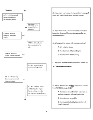 4
Timeline
c. 755 B.C.E. Romulus &
Remus found Rome,
accordingto legend.
C.E. 410 Germans attack
and destroy the city of
Rome, putting an end to
the Western Roman Empire
500 B.C.E Rome
established as a
Republic.
C.E. 313 Christianity
becomes an accepted
religion in Rome
450 B.C.E. Romans
complete the Twelve
Tables
27 B.C.E. Augustus
Caesar become emperor
of Rome
44 B.C.E. Julius Caesar
becomes dictator for
life
39. How manyyearspassedbetweenthe foundingof
Rome and the collapse of the RomanEmpire?
40. How manyyearspassedbetweenJuliusCaesar
becomingdictatorof Rome and AugustusCaesar
became emperor?
41. What wouldbe a goodtitle forthistimeline?
A. Life of JuliusCaesar
B. Developmentof RomanEmpire
C. Developmentof Christianity
42. Betweenwhattwoeventswouldthiseventfall?
“C.E.180 Pax Romanaends”
43. Whichstatementisthe bestdescriptionof Rome
from450 BCE throughCE 117?
A. Rome experiencedmilitarysuccessesas
well aschanges inpolitical leadership
B. Rome became a republic
C. Rome wasattacked byits enemiesbut
foughtthemoff
C.E. 117 Roman Empire
reaches its largestsize
 