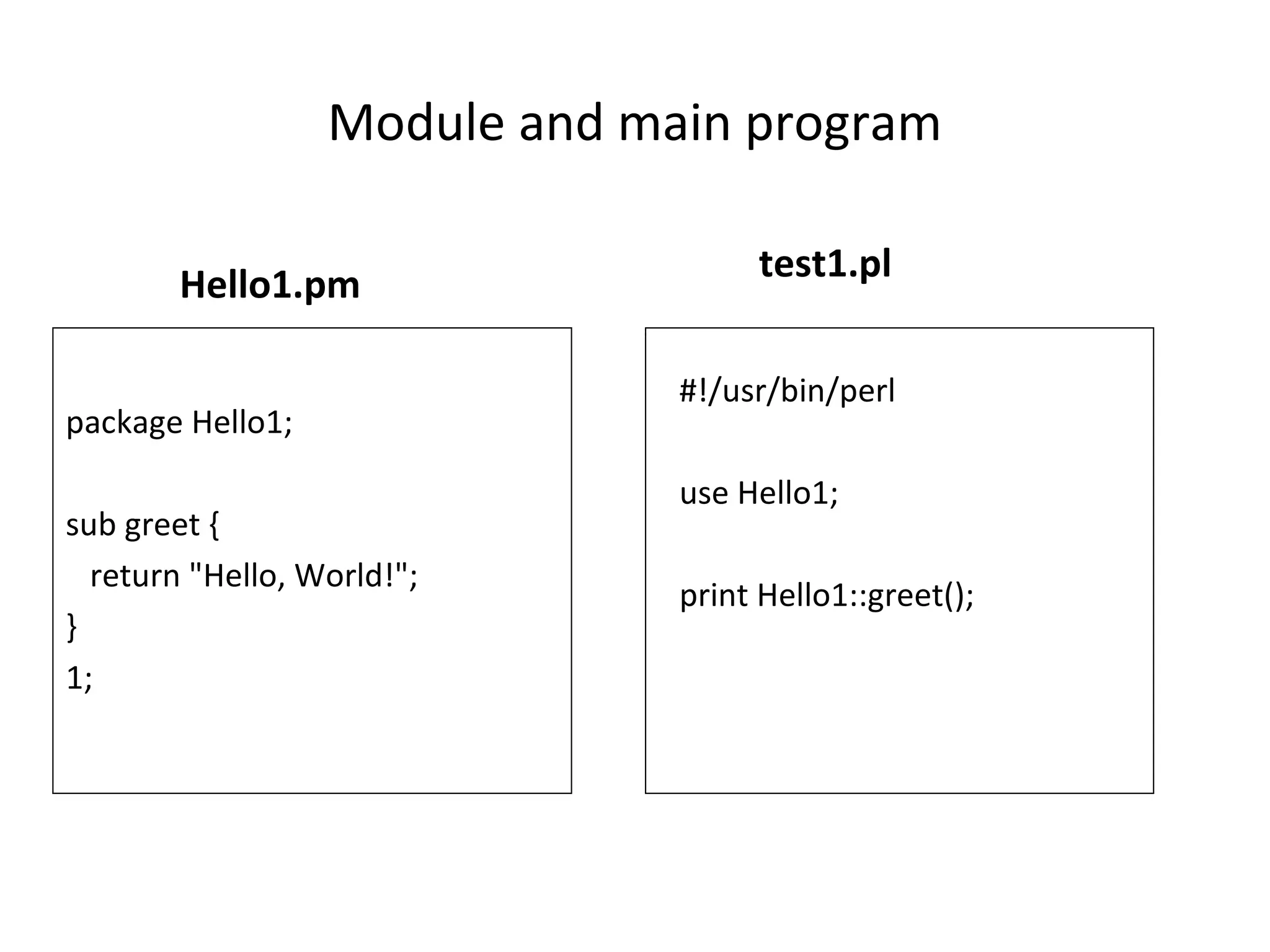 Module and main program Hello1.pm package Hello1; sub greet { return "Hello, World!"; } 1; test1.pl #!/usr/bin/perl use Hello1; print Hello1::greet(); 
