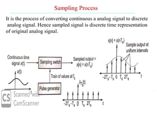 Sampling Process
It is the process of converting continuous a analog signal to discrete
analog signal. Hence sampled signal is discrete time representation
of original analog signal.
 