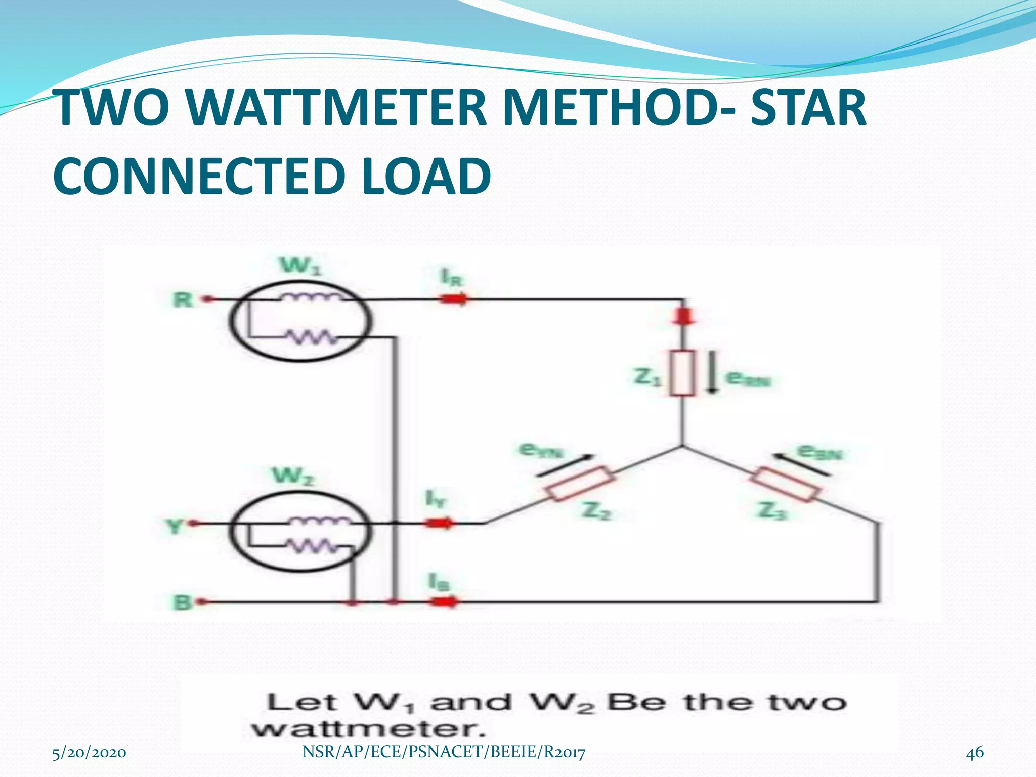 TWO WATTMETER METHOD- STAR
CONNECTED LOAD
5/20/2020 46NSR/AP/ECE/PSNACET/BEEIE/R2017
 