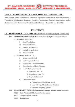 Unit v MEASUREMENT OF POWER, FLOW AND TEMPERATURE RELATED PROPERTIES | PDF