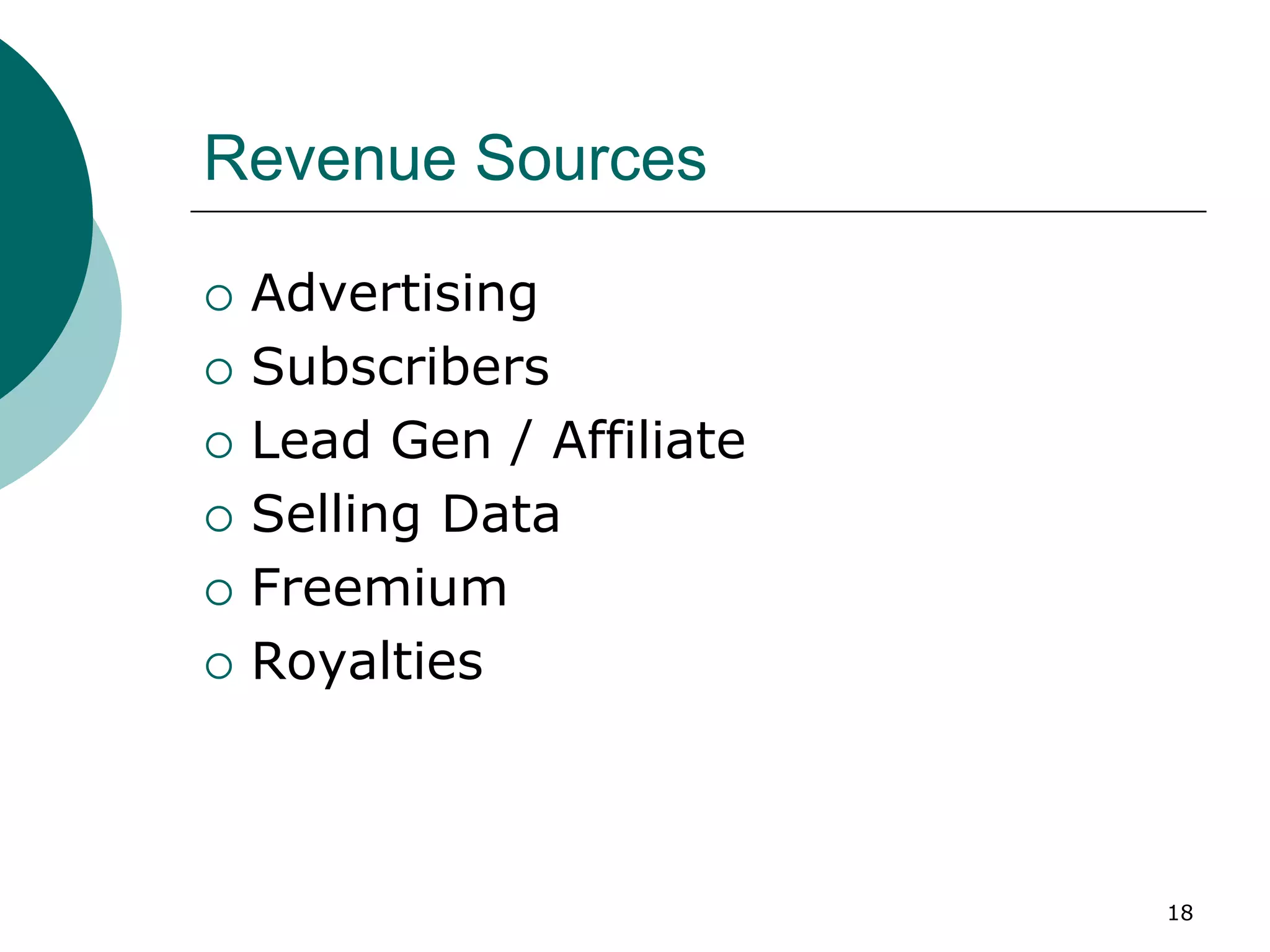 Revenue Sources
 Advertising
 Subscribers
 Lead Gen / Affiliate
 Selling Data
 Freemium
 Royalties
18
 