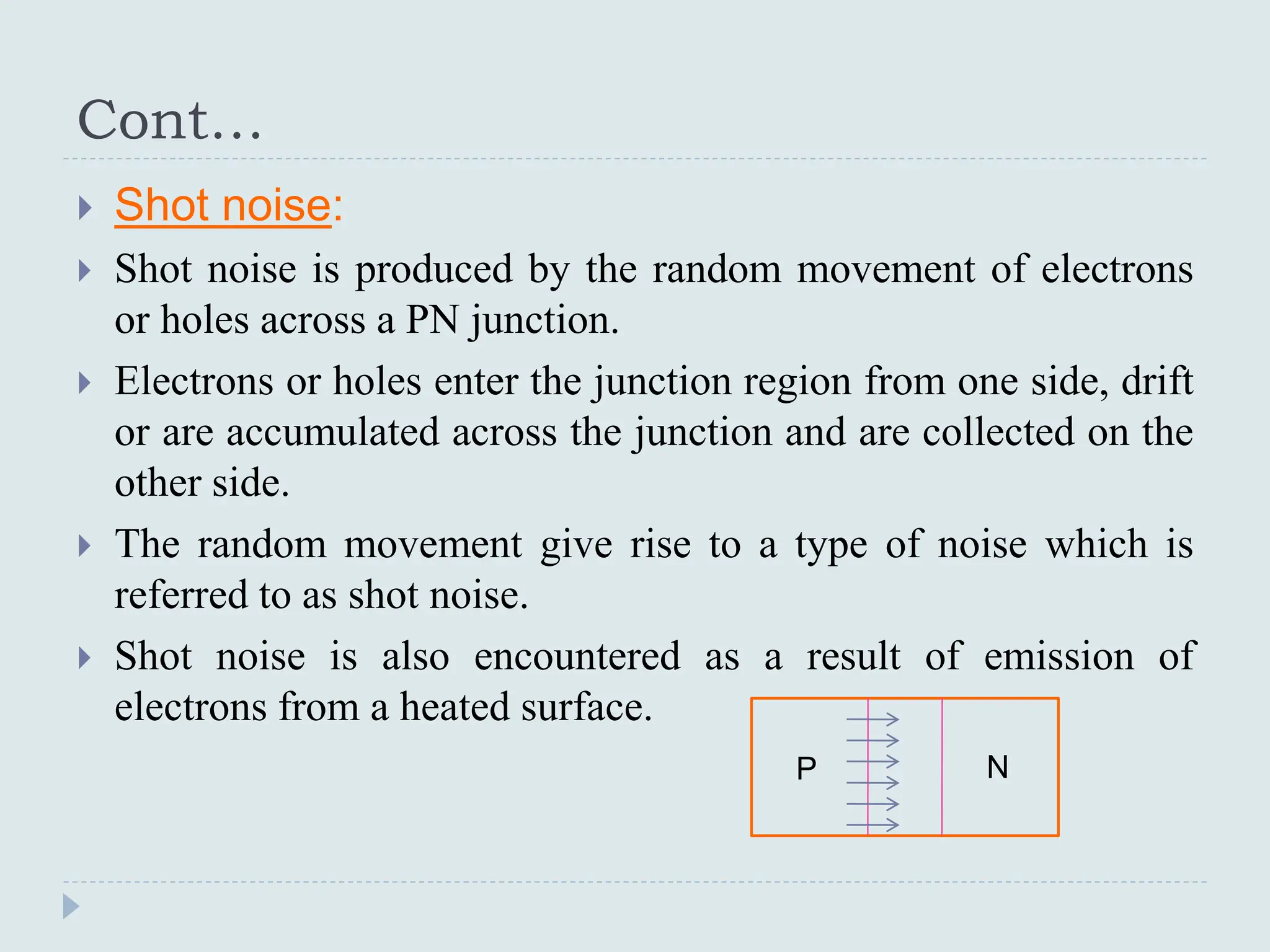Cont…
 Shot noise:
 Shot noise is produced by the random movement of electrons
or holes across a PN junction.
 Electrons or holes enter the junction region from one side, drift
or are accumulated across the junction and are collected on the
other side.
 The random movement give rise to a type of noise which is
referred to as shot noise.
 Shot noise is also encountered as a result of emission of
electrons from a heated surface.
P N
 