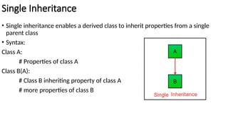 Single Inheritance
• Single inheritance enables a derived class to inherit properties from a single
parent class
• Syntax:
Class A:
# Properties of class A
Class B(A):
# Class B inheriting property of class A
# more properties of class B
 