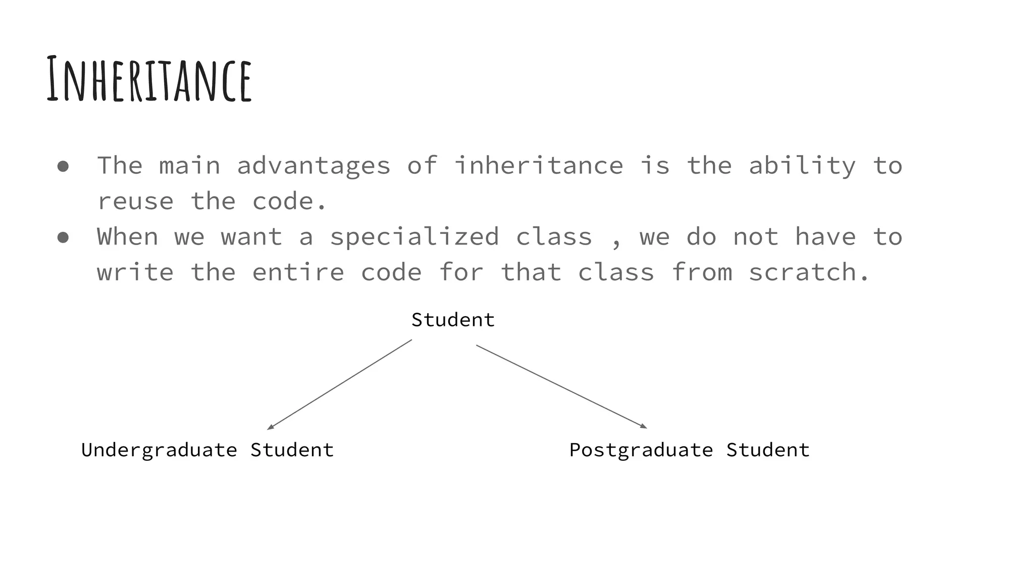 Inheritance
● The main advantages of inheritance is the ability to
reuse the code.
● When we want a specialized class , we do not have to
write the entire code for that class from scratch.
Undergraduate Student Postgraduate Student
Student
 