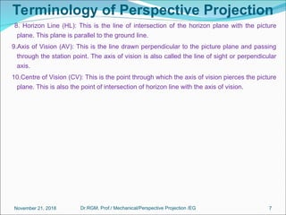 Terminology of Perspective Projection
8. Horizon Line (HL): This is the line of intersection of the horizon plane with the picture
plane. This plane is parallel to the ground line.
9.Axis of Vision (AV): This is the line drawn perpendicular to the picture plane and passing
through the station point. The axis of vision is also called the line of sight or perpendicular
axis.
10.Centre of Vision (CV): This is the point through which the axis of vision pierces the picture
plane. This is also the point of intersection of horizon line with the axis of vision.
November 21, 2018 7Dr.RGM, Prof./ Mechanical/Perspective Projection /EG
 