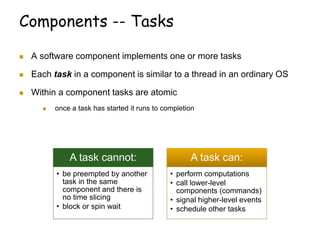 Components -- Tasks
 A software component implements one or more tasks
 Each task in a component is similar to a thread in an ordinary OS
 Within a component tasks are atomic
 once a task has started it runs to completion
A task cannot:
• be preempted by another
task in the same
component and there is
no time slicing
• block or spin wait
A task can:
• perform computations
• call lower-level
components (commands)
• signal higher-level events
• schedule other tasks
 