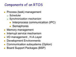 Components of an RTOS
 Process (task) management
 Scheduler
 Synchronization mechanism
 Interprocess communication (IPC)
 Semaphores
 Memory management
 Interrupt service mechanism
 I/O management , H.A.Layer
 Development Environments
 Communication subsystems (Option)
 Board Support Packages (BSP)
 