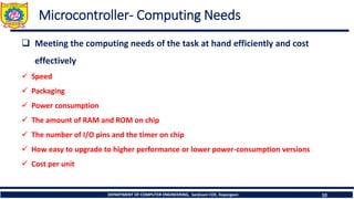 DEPARTMENT OF COMPUTER ENGINEERING, Sanjivani COE, Kopargaon 10
Microcontroller- Computing Needs
❑ Meeting the computing needs of the task at hand efficiently and cost
effectively
✓ Speed
✓ Packaging
✓ Power consumption
✓ The amount of RAM and ROM on chip
✓ The number of I/O pins and the timer on chip
✓ How easy to upgrade to higher performance or lower power-consumption versions
✓ Cost per unit
 