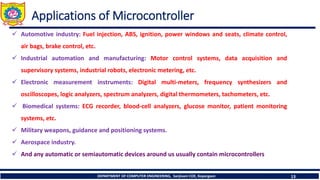 DEPARTMENT OF COMPUTER ENGINEERING, Sanjivani COE, Kopargaon 13
Applications of Microcontroller
✓ Automotive industry: Fuel injection, ABS, ignition, power windows and seats, climate control,
air bags, brake control, etc.
✓ Industrial automation and manufacturing: Motor control systems, data acquisition and
supervisory systems, industrial robots, electronic metering, etc.
✓ Electronic measurement instruments: Digital multi-meters, frequency synthesizers and
oscilloscopes, logic analyzers, spectrum analyzers, digital thermometers, tachometers, etc.
✓ Biomedical systems: ECG recorder, blood-cell analyzers, glucose monitor, patient monitoring
systems, etc.
✓ Military weapons, guidance and positioning systems.
✓ Aerospace industry.
✓ And any automatic or semiautomatic devices around us usually contain microcontrollers
 