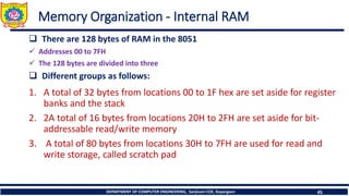 DEPARTMENT OF COMPUTER ENGINEERING, Sanjivani COE, Kopargaon 45
Memory Organization - Internal RAM
❑ There are 128 bytes of RAM in the 8051
✓ Addresses 00 to 7FH
✓ The 128 bytes are divided into three
❑ Different groups as follows:
1. A total of 32 bytes from locations 00 to 1F hex are set aside for register
banks and the stack
2. 2A total of 16 bytes from locations 20H to 2FH are set aside for bit-
addressable read/write memory
3. A total of 80 bytes from locations 30H to 7FH are used for read and
write storage, called scratch pad
 