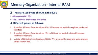 DEPARTMENT OF COMPUTER ENGINEERING, Sanjivani COE, Kopargaon 46
Memory Organization - Internal RAM
❑ There are 128 bytes of RAM in the 8051
✓ Addresses 00 to 7FH
✓ The 128 bytes are divided into three
❑ Different groups as follows:
1. A total of 32 bytes from locations 00 to 1F hex are set aside for register banks and
the stack
2. A total of 16 bytes from locations 20H to 2FH are set aside for bit-addressable
read/write memory
3. A total of 80 bytes from locations 30H to 7FH are used for read and write storage,
called scratch pad
 