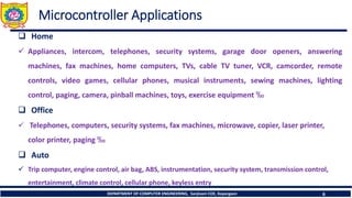 DEPARTMENT OF COMPUTER ENGINEERING, Sanjivani COE, Kopargaon 6
Microcontroller Applications
❑ Home
✓ Appliances, intercom, telephones, security systems, garage door openers, answering
machines, fax machines, home computers, TVs, cable TV tuner, VCR, camcorder, remote
controls, video games, cellular phones, musical instruments, sewing machines, lighting
control, paging, camera, pinball machines, toys, exercise equipment ‰
❑ Office
✓ Telephones, computers, security systems, fax machines, microwave, copier, laser printer,
color printer, paging ‰
❑ Auto
✓ Trip computer, engine control, air bag, ABS, instrumentation, security system, transmission control,
entertainment, climate control, cellular phone, keyless entry
 