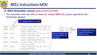 DEPARTMENT OF COMPUTER ENGINEERING, Sanjivani COE, Kopargaon 63
8051 Instructions-MOV
❑ MOV destination, source ;copy source to dest.
✓ The instruction tells the CPU to move (in reality, COPY) the source operand to the
destination operand
 