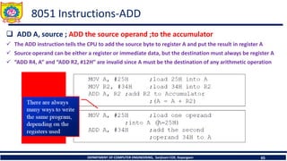 DEPARTMENT OF COMPUTER ENGINEERING, Sanjivani COE, Kopargaon 65
8051 Instructions-ADD
❑ ADD A, source ; ADD the source operand ;to the accumulator
✓ The ADD instruction tells the CPU to add the source byte to register A and put the result in register A
✓ Source operand can be either a register or immediate data, but the destination must always be register A
✓ “ADD R4, A” and “ADD R2, #12H” are invalid since A must be the destination of any arithmetic operation
 