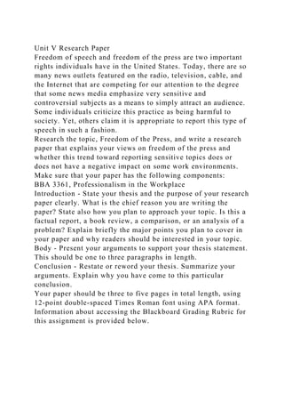 Unit V Research Paper
Freedom of speech and freedom of the press are two important
rights individuals have in the United States. Today, there are so
many news outlets featured on the radio, television, cable, and
the Internet that are competing for our attention to the degree
that some news media emphasize very sensitive and
controversial subjects as a means to simply attract an audience.
Some individuals criticize this practice as being harmful to
society. Yet, others claim it is appropriate to report this type of
speech in such a fashion.
Research the topic, Freedom of the Press, and write a research
paper that explains your views on freedom of the press and
whether this trend toward reporting sensitive topics does or
does not have a negative impact on some work environments.
Make sure that your paper has the following components:
BBA 3361, Professionalism in the Workplace
Introduction - State your thesis and the purpose of your research
paper clearly. What is the chief reason you are writing the
paper? State also how you plan to approach your topic. Is this a
factual report, a book review, a comparison, or an analysis of a
problem? Explain briefly the major points you plan to cover in
your paper and why readers should be interested in your topic.
Body - Present your arguments to support your thesis statement.
This should be one to three paragraphs in length.
Conclusion - Restate or reword your thesis. Summarize your
arguments. Explain why you have come to this particular
conclusion.
Your paper should be three to five pages in total length, using
12-point double-spaced Times Roman font using APA format.
Information about accessing the Blackboard Grading Rubric for
this assignment is provided below.
 