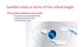 Satellite orbits in terms of the orbital height
According to distance from earth:
Geosynchronous Earth Orbit (GEO) ,
Medium Earth Orbit (MEO),
Low Earth Orbit (LEO)
 