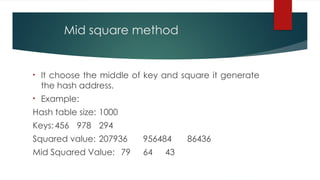 Mid square method
• It choose the middle of key and square it generate
the hash address.
• Example:
Hash table size: 1000
Keys:456 978 294
Squared value: 207936 956484 86436
Mid Squared Value: 79 64 43
 