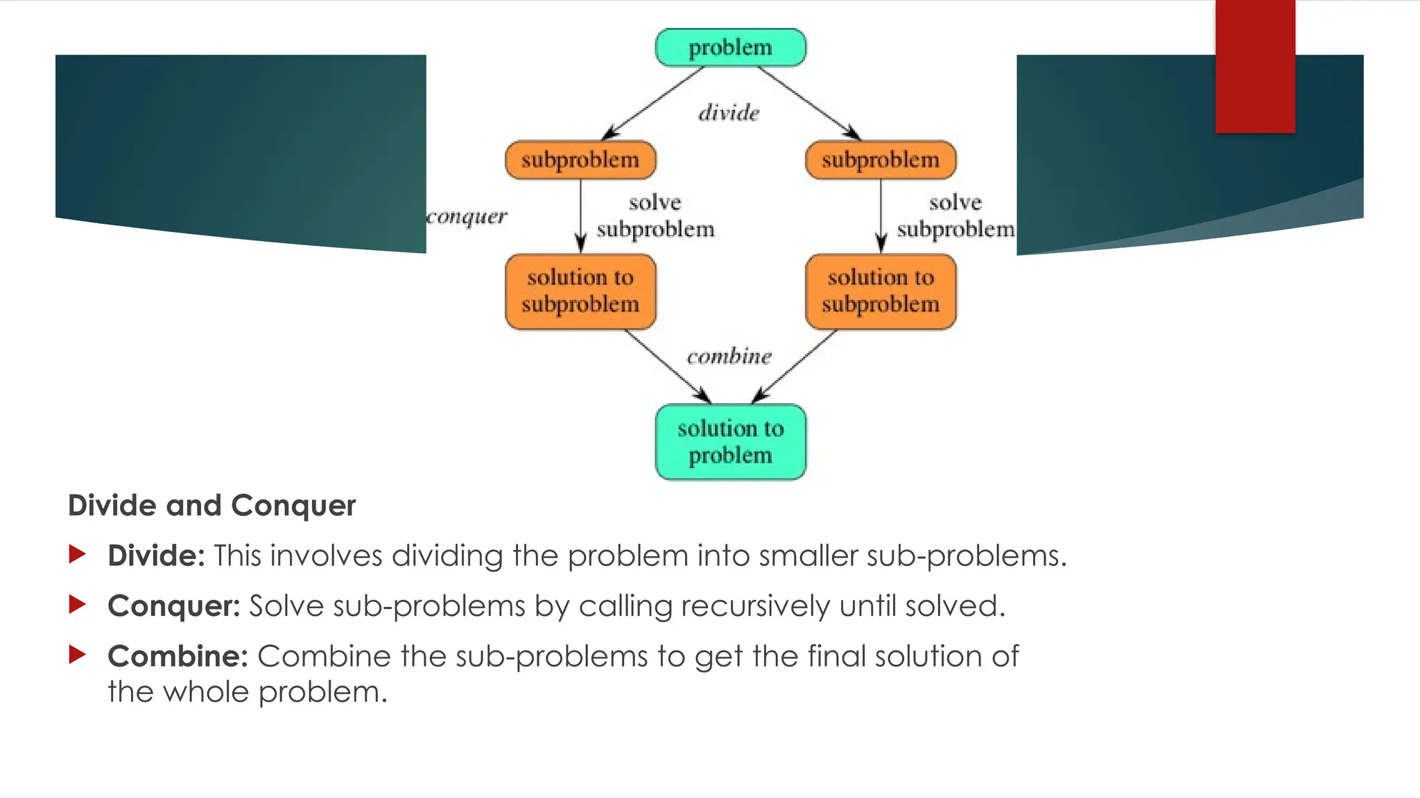 Divide and Conquer
 Divide: This involves dividing the problem into smaller sub-problems.
 Conquer: Solve sub-problems by calling recursively until solved.
 Combine: Combine the sub-problems to get the final solution of
the whole problem.
 