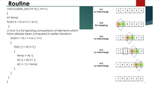 Routine
void bubble_sort( int A[ ], int n )
{
int temp;
for(int k = 0; k< n-1; k++)
{
// (n-k-1) is for ignoring comparisons of elements which
have already been compared in earlier iterations
for(int i = 0; i < n-k-1; i++)
{
if(A[ i ] > A[ i+1] )
{
temp = A[ i ];
A[ i ] = A[ i+1 ];
A[ i + 1] = temp;
}
}
}
}
 