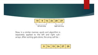 Now, in a similar manner, quick sort algorithm is
separately applied to the left and right sub-
arrays. After sorting gets done, the array will be -
 