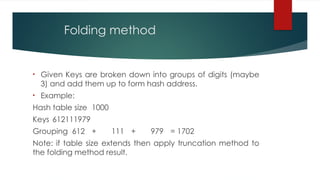 Folding method
• Given Keys are broken down into groups of digits (maybe
3) and add them up to form hash address.
• Example:
Hash table size 1000
Keys 612111979
Grouping 612 + 111 + 979 = 1702
Note: if table size extends then apply truncation method to
the folding method result.
 