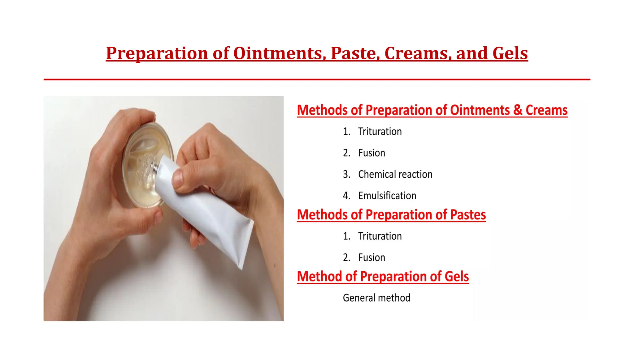 Preparation of Ointments, Paste, Creams, and Gels
 