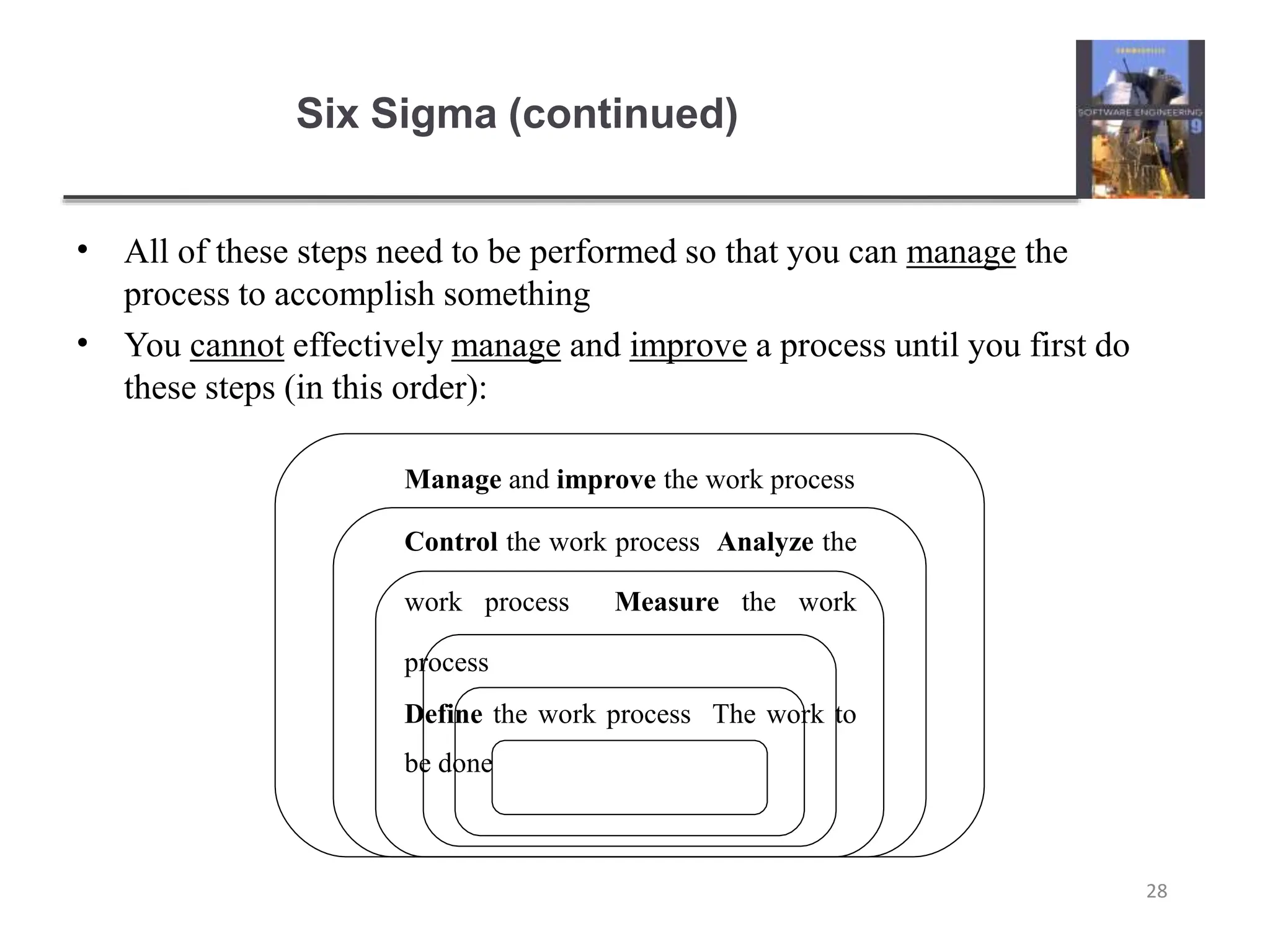 Six Sigma (continued)
•
•
All of these steps need to be performed so that you can manage the
process to accomplish something
You cannot effectively manage and improve a process until you first do
these steps (in this order):
Manage and improve the work process
Control the work process Analyze the
work process Measure the work
process
Define the work process The work to
be done
28
 