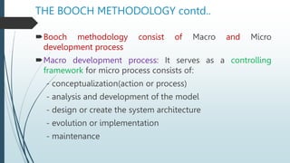 THE BOOCH METHODOLOGY contd..
Booch methodology consist of Macro and Micro
development process
Macro development process: It serves as a controlling
framework for micro process consists of:
- conceptualization(action or process)
- analysis and development of the model
- design or create the system architecture
- evolution or implementation
- maintenance
 