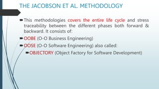THE JACOBSON ET AL. METHODOLOGY
This methodologies covers the entire life cycle and stress
traceability between the different phases both forward &
backward. It consists of:
OOBE (O-O Business Engineering)
OOSE (O-O Software Engineering) also called:
OBJECTORY (Object Factory for Software Development)
 