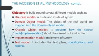 THE JACOBSON ET AL. METHODOLOGY contd..
Objectory is built around several different models such as:
Use-case model- outside and inside of system
Domain Object model: The object of the real world are
mapped into the domain object model.
Analysis Object model: It presents how the source
code(implementation) should be carried out and written.
Implementation model: implement of system
Test model: It includes the test plans, specifications, and
reports.
 
