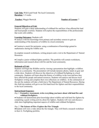 Unit Title: Wild Land Fire& The local Community
Duration: 1-2 weeks

Teacher: Maggie Burwick                                          Number of Lessons: 7


General Objectives of Unit:
Students will gain a deep understanding of wildland fire and how it has affected the land
and local people overtime. Students will explore the responsibilities of the professionals
that work with wildfire.

Learning Outcomes: Students will:
● Analyze wild fire knowledge from primary and secondary sources to gain an
understanding of the dynamics of wildfire in a local community

● Construct a mock fire perimeter, using a combination of knowledge gained in
mathematics during the wildfire unit.

● complete research worksheets, writing projects and a visit to the Department of Natural
Resources

● Compile a junior wildland fighter portfolio. The portfolio will contain worksheets,
information and research about wild fire and the local community.

Rationale of Unit:
Students will begin the Wildfire unit by viewing a presentation that highlight s wildfires
effect on a community. The presentation will include dynamic photos, hands on gear and
a slide show. Students will discover the objectives of wildland firefighting in a local
community. Students will learn about the history of wildfires in the west and how they
have affected the people and natural resources. Students will analyze and discuss local
firefighters writing and complete their own reflections on wildfires. At the culmination of
the unit the students will take a field trip to The Department of Natural Resources. During
this field trip students will get to see first hand local fire fighters and their responsibilities
to the local community.

Instructional Sequence:
Day 1: Formative Assessment, write everything you know about wild land fire and
        wildland firefighters.
● Students will demonstrate prior knowledge about wildfire and wild land fire fighters by
completing a quick writing activity about fire fighters. Students will view and discuss a
slide show highlighting important aspects of wildfire and wildland firefighters.

Day 2: The Science of Fire: Explore the Fire Triangle
●Students will view a video about the fire triangle. They will finish a research worksheet
in their Jr. Firefighting portfolio.
 