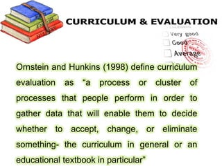 Plan for Curriculum Evaluation
The basis for evaluation
Objectives of evaluation
Curriculum description
Evaluation report
...