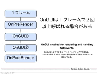 １フレーム
                             OnGUIは１フレームで２回
            OnPreRender
                              以上呼ばれる場合がある

                    OnGUI①

                             OnGUI is called for rendering and handling
                    OnGUI②                   GUI events.
                              OnGUIはレンダリングとイベントハンドリングで呼ばれる。
                             これはすなわち１フレームの間に数回呼ばれる可能性があるとこを

          OnPostRender                    意味している。




                                                     Re:Kayo-System Co.,Ltd.

Wednesday, May 23, 2012
 