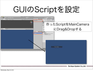 GUIのScriptを設定
                           作ったScriptをMainCamera
                             にDrag&Dropする




                                     Re:Kayo-System Co.,Ltd.

Wednesday, May 23, 2012
 