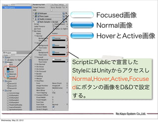 Focused画像
                                  Normal画像
                                  HoverとActive画像


                          ScriptにPublicで宣言した
                          StyleにはUnityからアクセスし
                          Normal,Hover,Active,Focuse
                          dにボタンの画像をD&Dで設定
                          する。


                                        Re:Kayo-System Co.,Ltd.

Wednesday, May 23, 2012
 