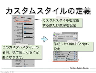 カスタムスタイルの定義
                          カスタムスタイルを定義
                          する数だけ数字を設定




                             作成したSkinをScriptに
  このカスタムスタイルの
                             設定
  名前、後で使うときに必
  要になります。


                                    Re:Kayo-System Co.,Ltd.

Wednesday, May 23, 2012
 