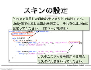 スキンの設定
                     Publicで宣言したSkinはデフォルトではNullです。
                     Unity側で生成したSkinを設定し、それをGUI.skinに
                     設定してください。（前ページを参照）
               public class StyleSample1 : MonoBehaviour {
               	 public GUISkin mySkin;
               	
               	 void OnGUI(){
               	 	 GUI.skin = mySkin;
               	 	 if(GUI.Button(new Rect(10, 10, 150, 40), "Hello World", "MyButton")){
               	 	 	 Debug.Log("Button Click1!");
               	 	 }
               	 	
               	 	 if(GUI.Button(new Rect(10, 60, 150, 40), "Hello World")){
               	 	 	 Debug.Log("Button Click2!");
               	 	 }
               	 }
                                           カスタムスタイルを適用する場合
               }
                                           はスタイル名をいれてください。
                                                                        Re:Kayo-System Co.,Ltd.

Wednesday, May 23, 2012
 