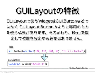 GUILayoutの特徴
         GUILayoutで使うWidgetはGUI.Buttonなどで
         はなく GUILayout.Buttonのように専用のもの
         を使う必要があります。そのかわり、Rectを指
          定して位置を設定する必要はありません。

             通常
             GUI.Button(new Rect(100, 110, 200, 30), "This is Button")


            GUILayout
             GUILayout.Button("Button 1");
                                                          Re:Kayo-System Co.,Ltd.

Wednesday, May 23, 2012
 