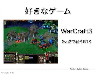好きなゲーム

                              WarCraft3
                              2vs2で戦うRTS




                                Re:Kayo-System Co.,Ltd.

Wednesday, May 23, 2012
 