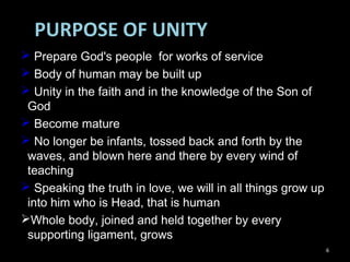 PURPOSE OF UNITY
 Prepare God's people for works of service
 Body of human may be built up
 Unity in the faith and in the knowledge of the Son of
God
 Become mature
 No longer be infants, tossed back and forth by the
waves, and blown here and there by every wind of
teaching
 Speaking the truth in love, we will in all things grow up
into him who is Head, that is human
Whole body, joined and held together by every
supporting ligament, grows
6
 