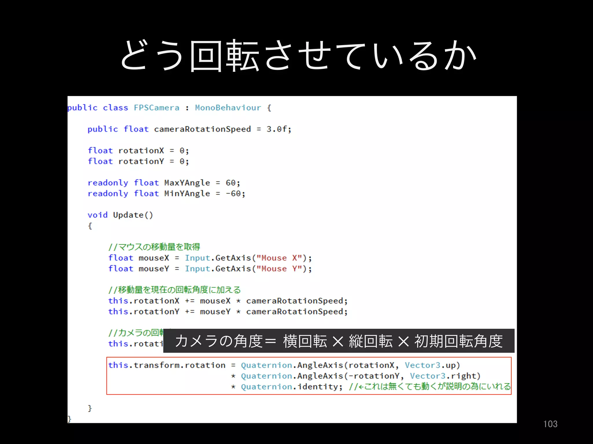 どう回転させているか
カメラの角度＝ 横回転 ✕ 縦回転 ✕ 初期回転角度
103	
 