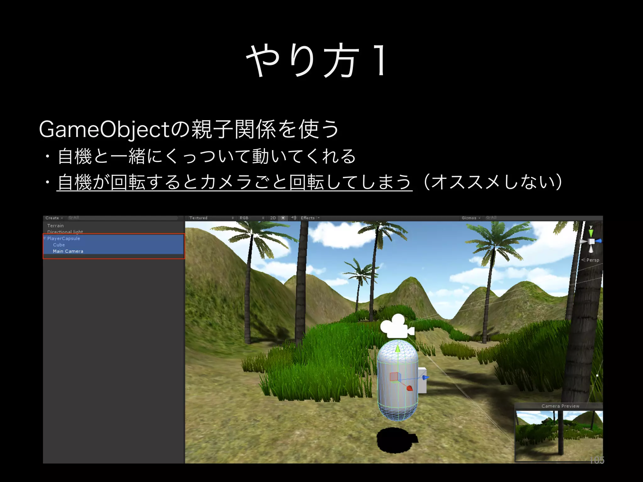 やり方１
GameObjectの親子関係を使う
・自機と一緒にくっついて動いてくれる
・自機が回転するとカメラごと回転してしまう（オススメしない）
105	
 